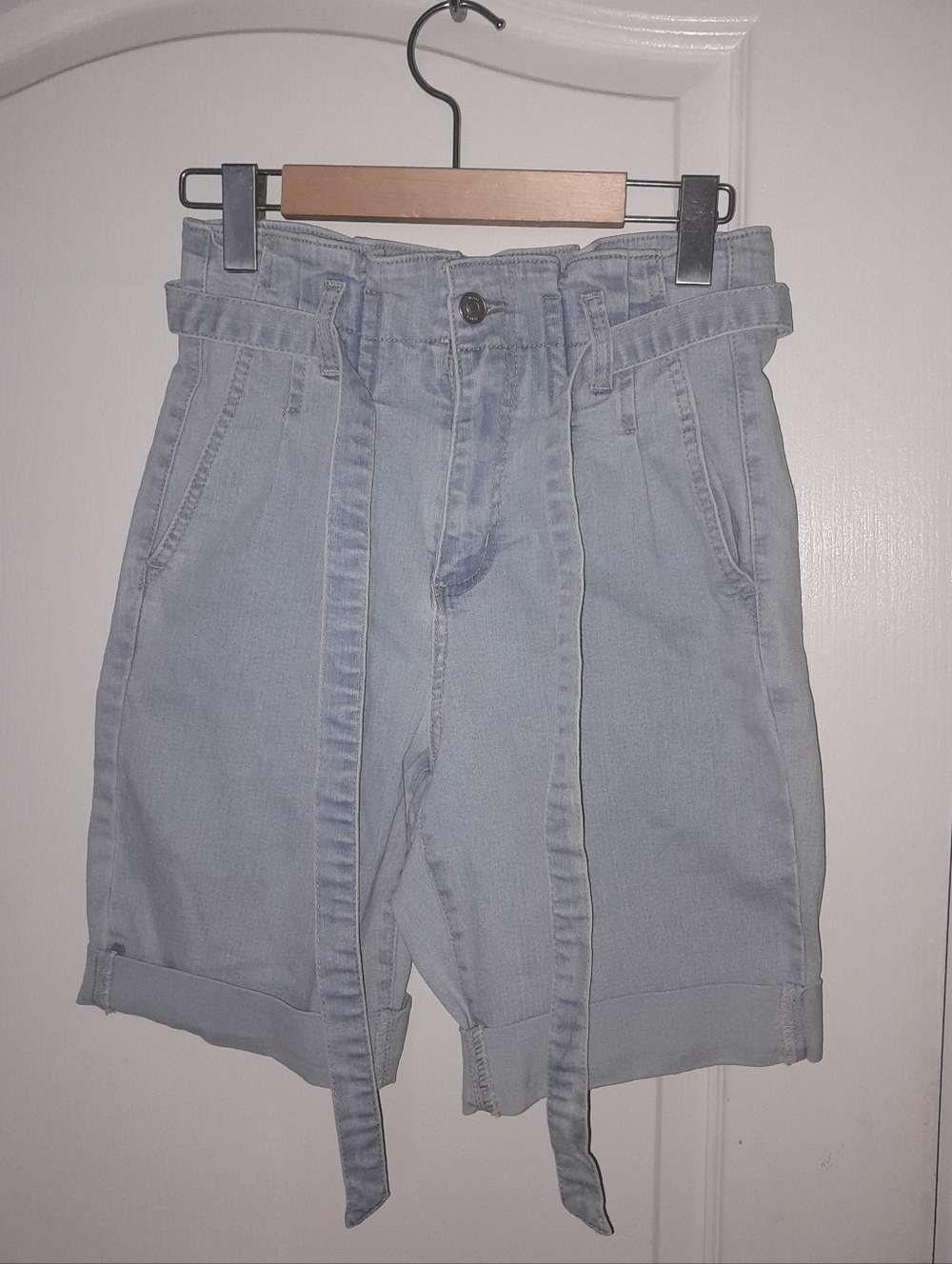 Light Wash Denim Paperbag Waist Shorts